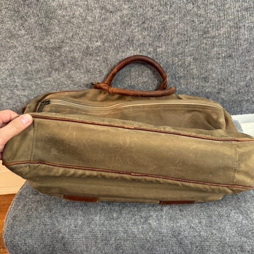 LL Bean Vintage Waxed Canvas Leather Briefcase Laptop Bag Olive Brown Satchel - Picture 6 of 16